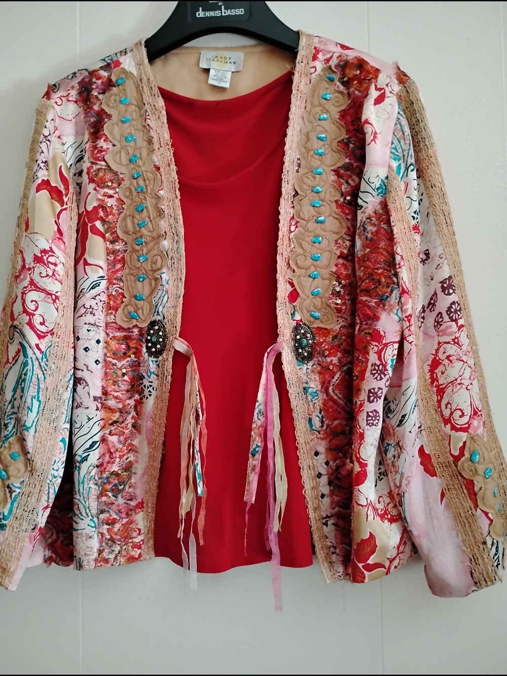 100% Silk Red & Multi Embellished Open-Front Cardigan Jacket And Tank Top